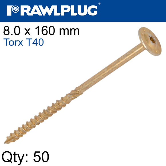 TIMBER CONSTRUCTION SCREW 8.0 X 160MM X50-BOX TORX T40