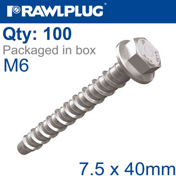 CONCRETE SCREWBOLT M6 7.5X40MM HEX HEAD WITH FLANGE GALV BOX OF 100