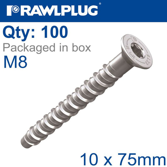 CONCRETE SCREW BOLT M8 10X75 MM CSK HEAD ZINC FLAKE COAT 100/BOX