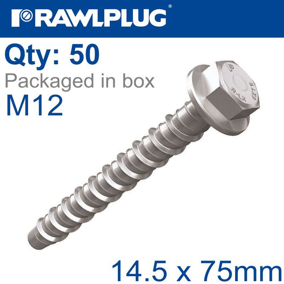 CONCRETE SCREWBOLT M12 14.5X75MM HEX FLANGE ZINC FL X50-BOX