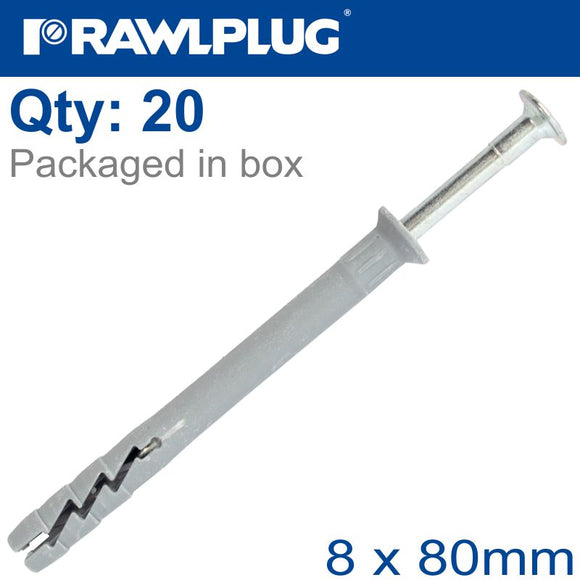 NYL HAMMER-IN FIXING 8X80MM + CSK HEAD X20 -BAG