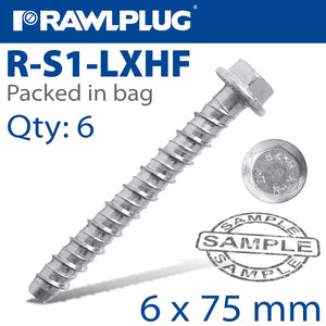 CONCRETE SCREW BOLT 7.5X75MM R-LX HEX + FLANGE X6 -BAG