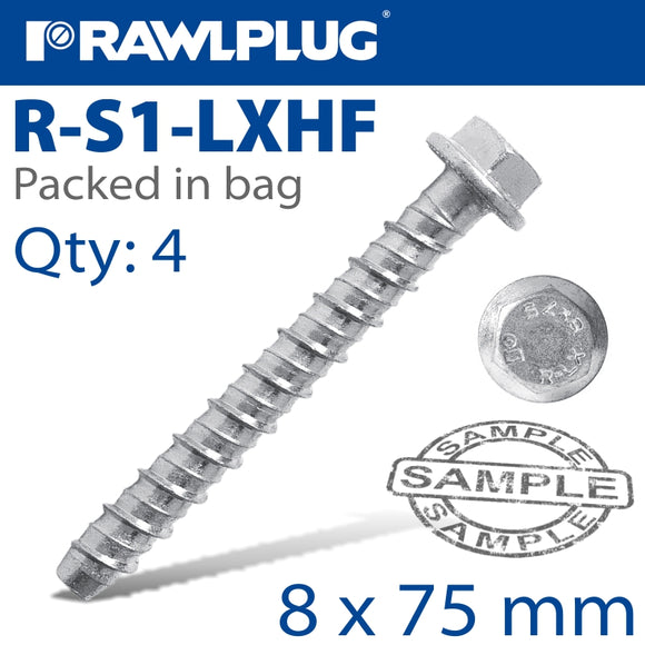 CONCRETE SCREW BOLT 10X75MM R-LX HEX + FLANGE X4 -BAG