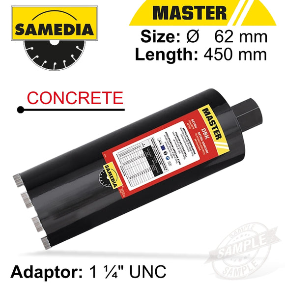 DIAMOND CORE BIT 62MM X 450MM X 1 1/4' CONCRETE MASTER DBK