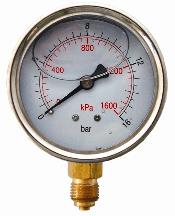 PRESS. GAUGE 63MM GLYCERINE 1/4' BOT. FIT METAL CASE 0-16BAR 0-1600KPA