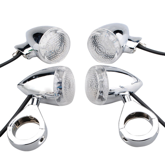 4pcs Harley LED Turn Light Amber With 39mm Fork Clamp Silver
