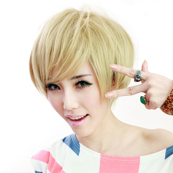 Girls Fluffy Oblique Bangs Gold BOBO Head Wig