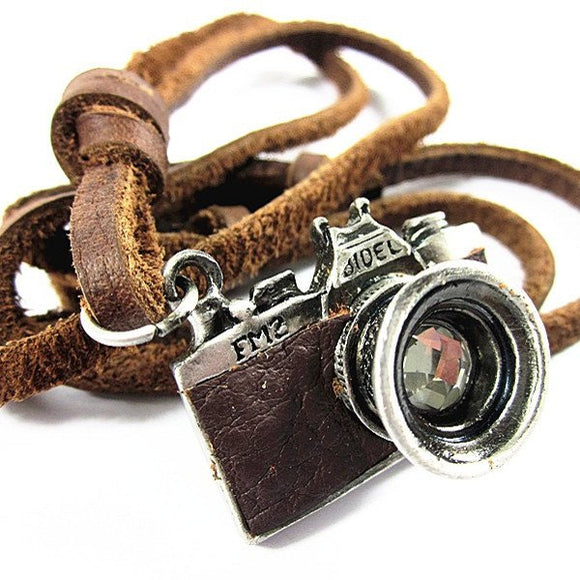 Vintage Men Camera Leather Necklace Retro Handmade Alloy