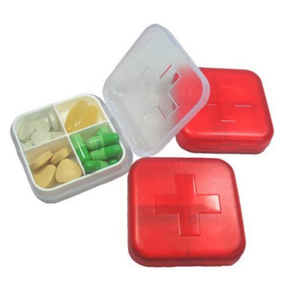 Red Cross Pill Case 4 Grid Medicine Storage Box