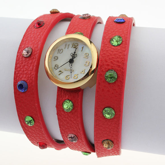 Red Leather Crystal Rhinestone Wrap Women Bracelet Quartz Watch