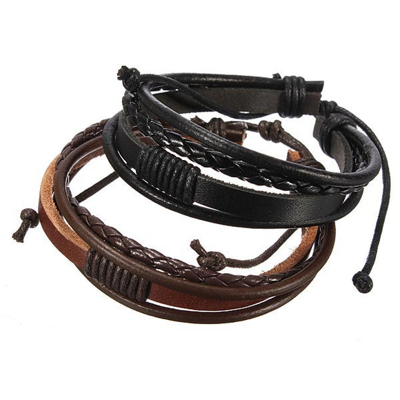 Retro 4 Rounds Woven Surf Leather Bracelet Wristband Multilayer Bangle Gift for Men