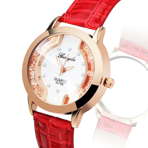 Fashion Crystal Rhinestone Blue Red Round Women Leather Wrist Watch