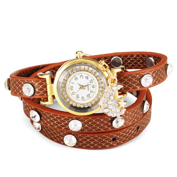 Moon Star Crystal Rhinestone Women Bracelet Leather Quartz Watch