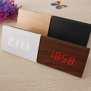 Triangular Wooden LED Alarm Clock Wood Digital Thermometer Clock