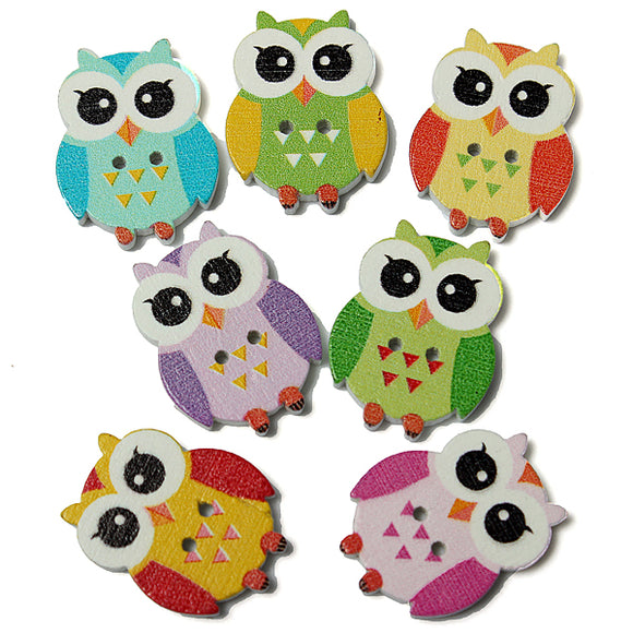 100pcs 2 Holes Multicolor Cute Owl Pattern Wooden Buttons