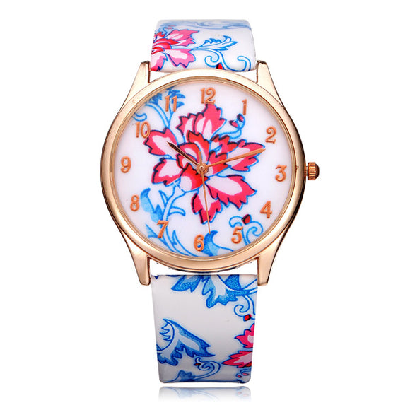 PU Leather Flower Number Round Women Quartz Wrist Watch