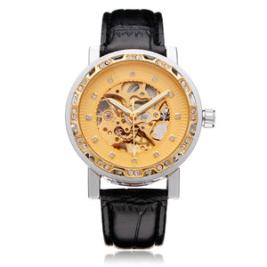 FORSINING Crystal Gold PU Leather Mechanical Flywheel Men Wrist Watch