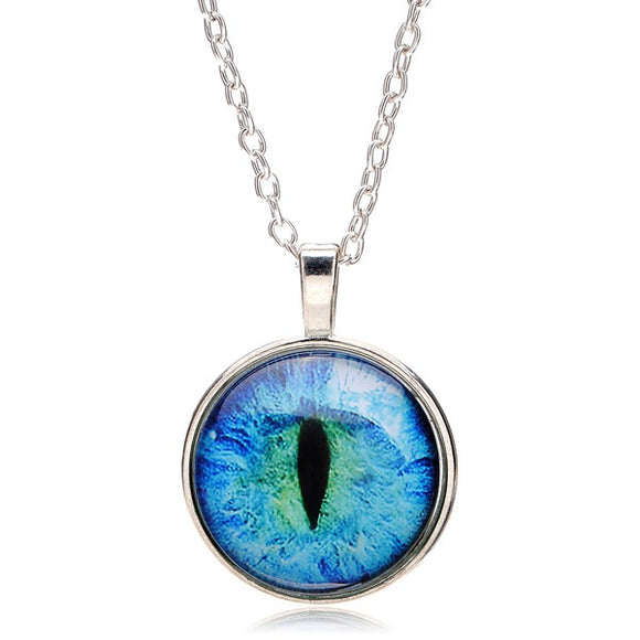 Vintage Dragon Cat Eye Glass Cabochon Silver Plated Pendant Necklace Jewelry Gift for Women