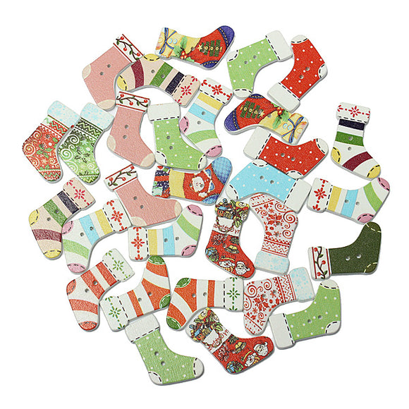 30PCS Christmas Stocking Shape Wooden Buttons Scrapbook Sew Card