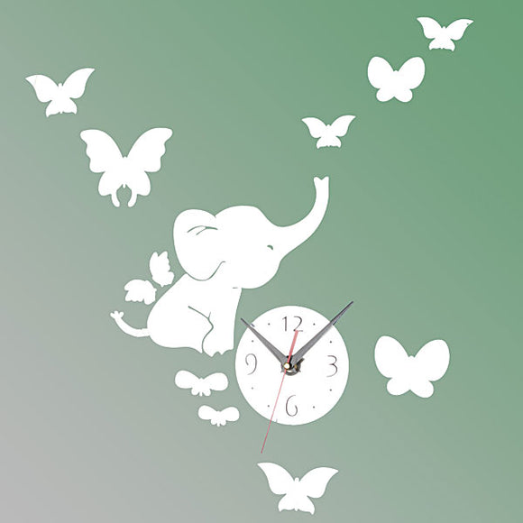 Elephants Butterfly Wall Sticker Color DIY Mirror Wall Clock 3D Home Decoration