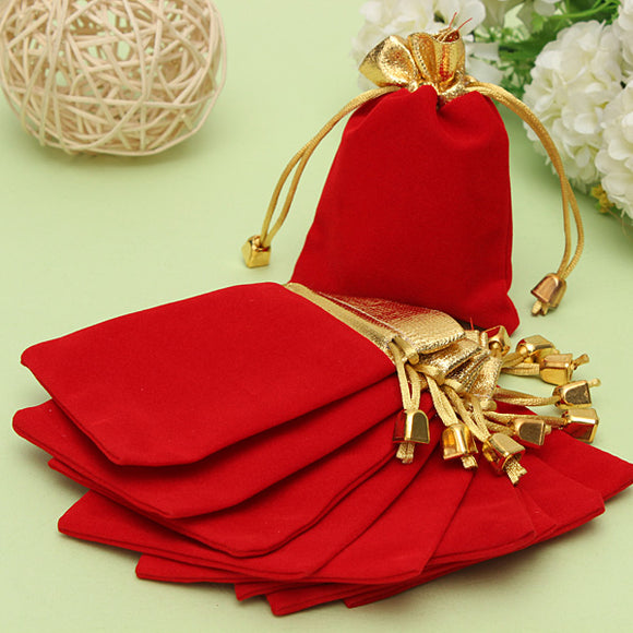 10PCS Golden Red Flannelette Drawstring Pouch Jewelry Gift Bags Pouch