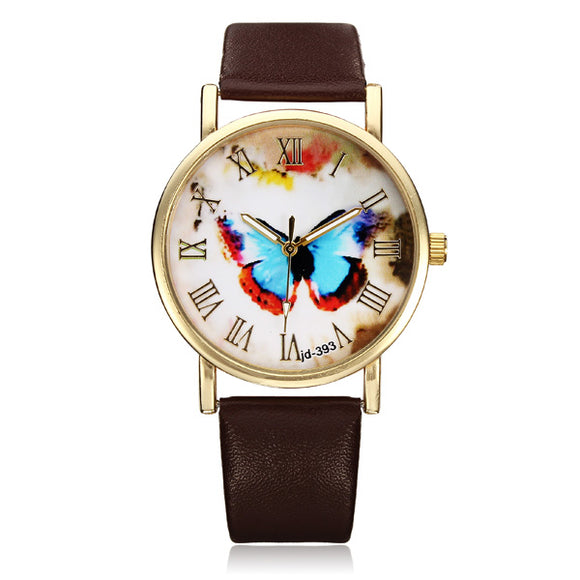 PU Leather Butterfly Gold Roman Round Women Quartz Wrist Watch