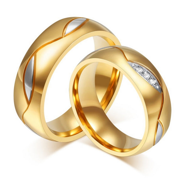 Elegant Titanium Steel Crystal Gold Plated Couple Finger Ring Women Men