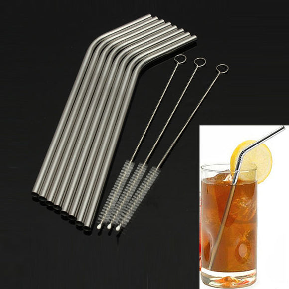 8pcs 6mm Reusable Stainless Steel Bent Drinking Straw With Cleaning Brushes