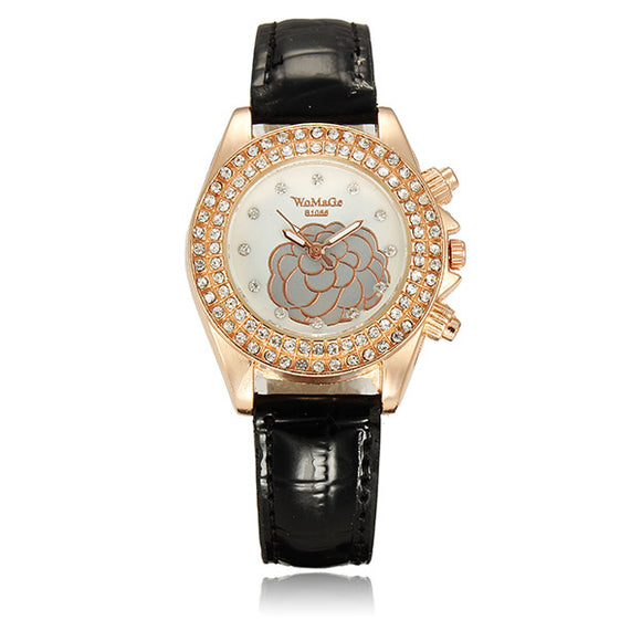 WOMAGE Women Rose Rhinestone Leather Quartz Watch