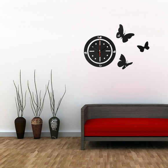 DIY Acrylic Mirror Butterfly Round Wall Clock Home Art Decor