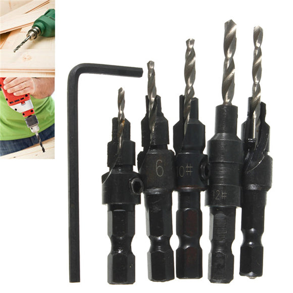 5pcs Hss Countersink Drill Cone Bit Set Quick Change Hex Shank Woodworking Screw Reamer