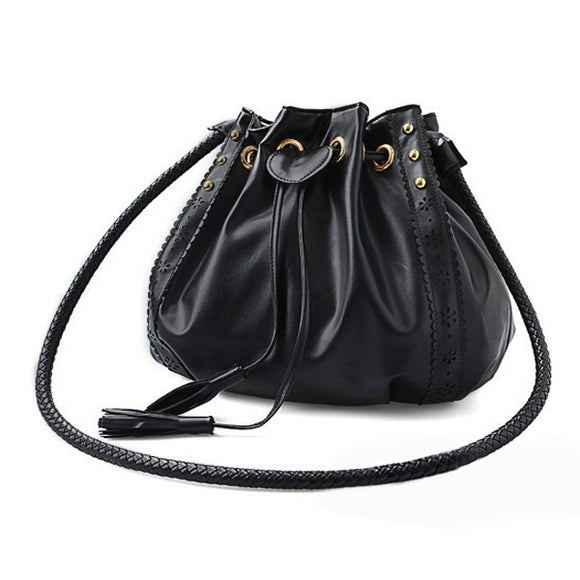 Women Knitting Drawstring Bucket Crossbody Bags Casual Rivet Shoulder Bags