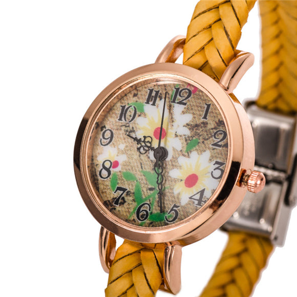 Fashion Rural Flower Round Dial Knitted Band PU Quartz Watch