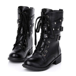 Motorcycle Boots Women Cool Goth Punk AnkleMilitary Lace-up Black