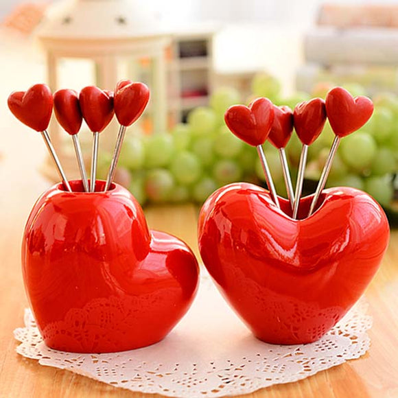 Red Heart Fruit Snack Stainless Steel Fork Set Kitchen Gadget Creative Kitchen Tools