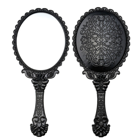 Black Vintage Cosmetic Mirrors Floral Print Hand Hold Looking-glass Makeup Beauty Tool