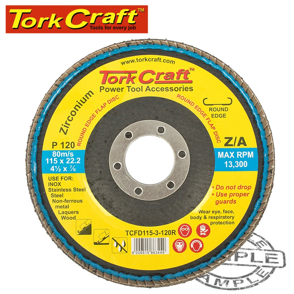 FLAP DISC ROUND EDGE ZIRCONIUM 115MM 120 GRIT FLAT