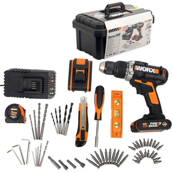 HAMMER DRILL 20V 50NM 2 X 2.0AH STD CHARG. 55PC ACC. TOOLBOX WORX