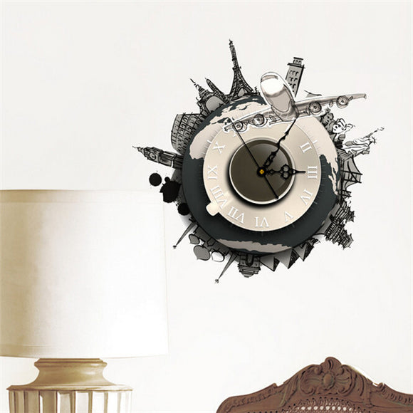 DIY 3D Wall Stickers Clock World Earth Wall Decal Clock 3D Art Wall Clock Home Decor