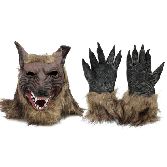 1/2PCS Latex Rubber Wolf Head Hair Mask Werewolf Gloves Party Scary Halloween Cosplay