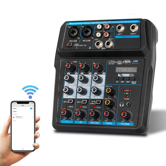 Drembo 4-channel Protable bluetooth Digital Audio Mixer Console with Sound Card USB 48V Phantom Power for DJ PC Recording