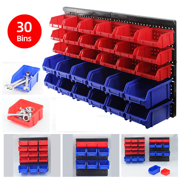 30Pcs Wall Mounted Rack Storage Tools Organiser Case Box Shed Work Bench Garage