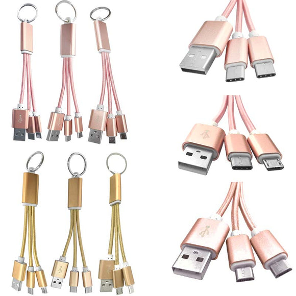 Universal 2 in 1 2*Type-C and Micro USB Key Chain USB Data Cable for Mobile Phone