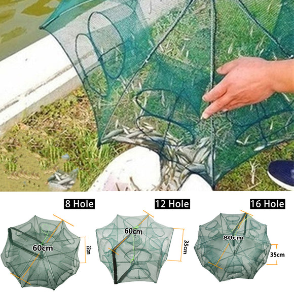 8/12/16 Holes Automatic Fishing Net Shrimp Cage Nylon Foldable Crab Fish Trap