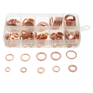 200pcs  M5-M14 Copper Washer Gasket Set Flat Ring Seal Assortment Kit With Box