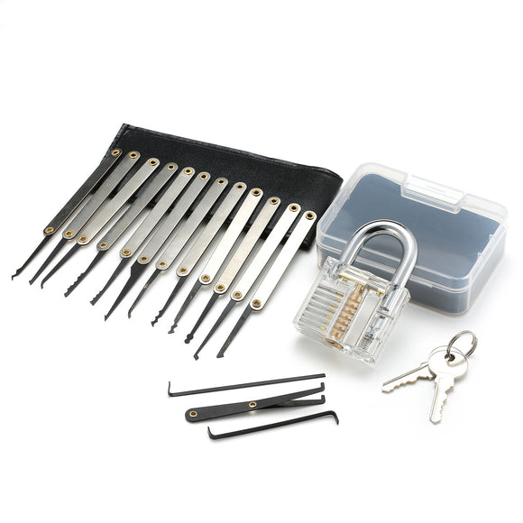 15Pcs Lock Picks Set Key Extractor Tool Unlocking Practice with Transparent Practice Padlock