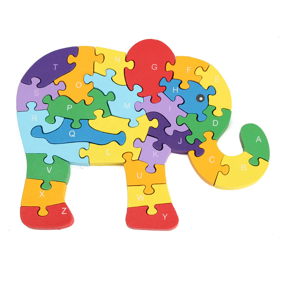 Wooden Elephant Puzzle Jigsaw Numbers Alphabet Educational Toy