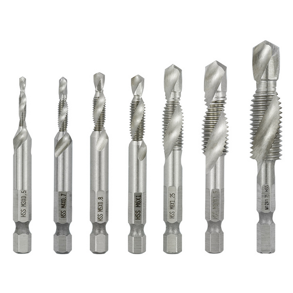 Drillpro 7pcs M3-M12 Combination Drill Tap Bit Set HSS Deburr Countersink Drill Bits 1/4 Inch Hexagon Shank