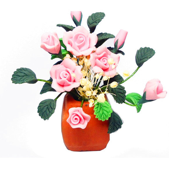 1:12 Dollhouse Miniature DIY Garden Clay Flowers Arrangement PinkRose Red Pottery Basin Plant