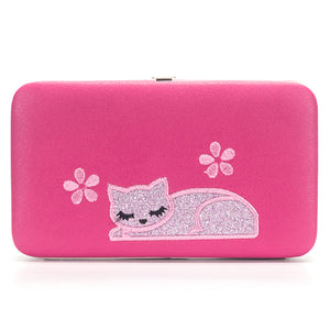 Women Lovely Cat Pattern Daily Phone Bag 3 Layer Long Wallet Card Holder Purse